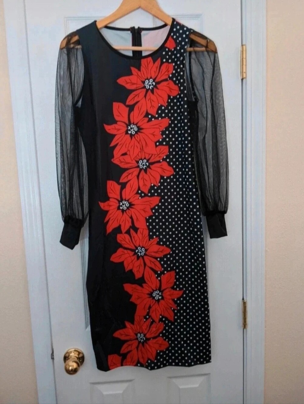 Black Dress with Red Floral Accent and Sheer Sleeves - Women